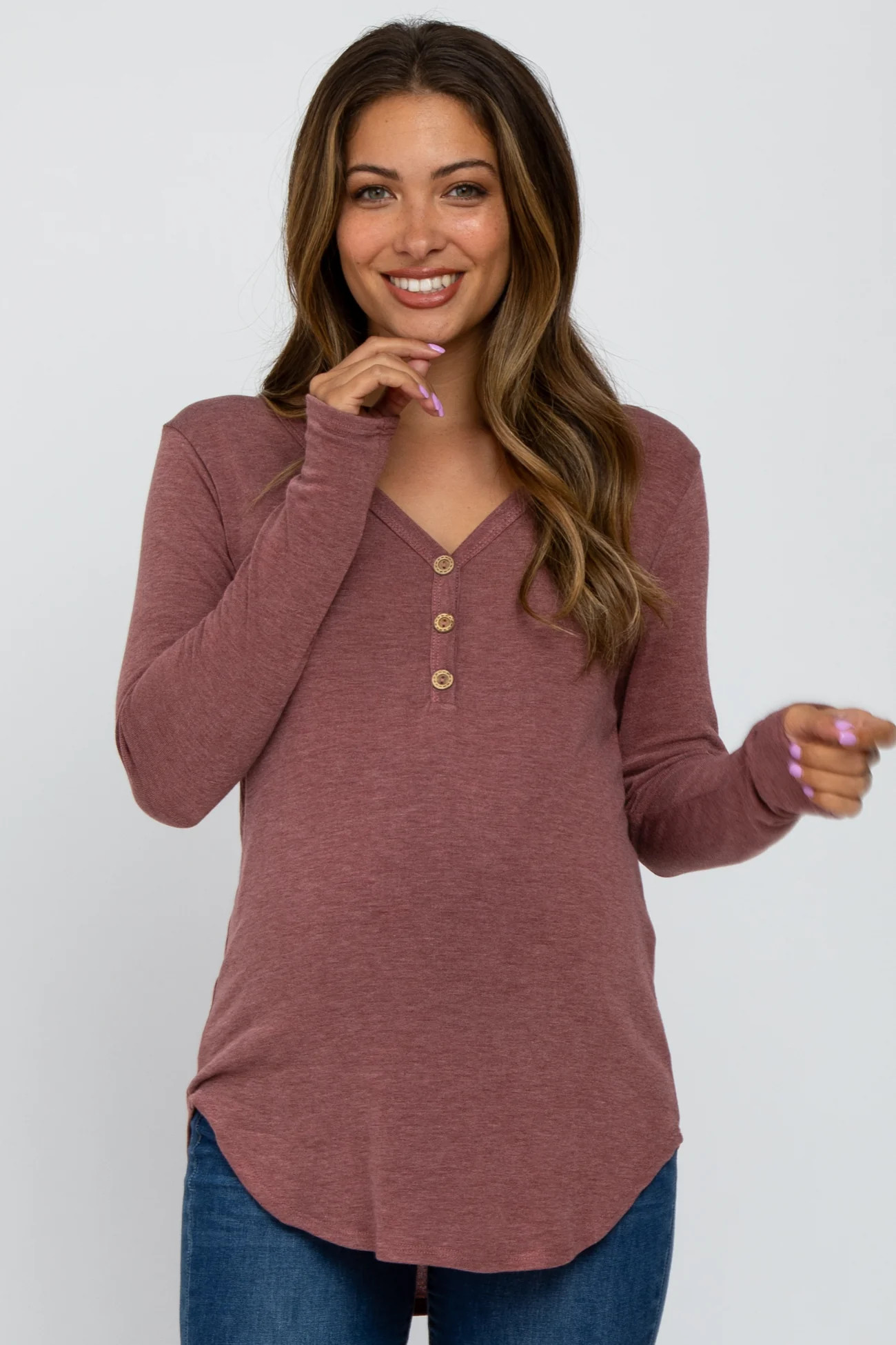 Burgundy Soft Button Front Round Hem Maternity Top | PinkBlush Maternity