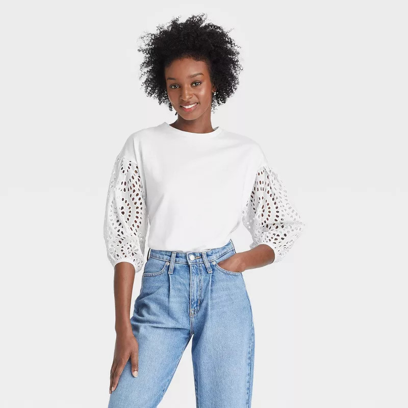 Women's Long Sleeve Round Neck Eyelet Top - A New Day™ | Target
