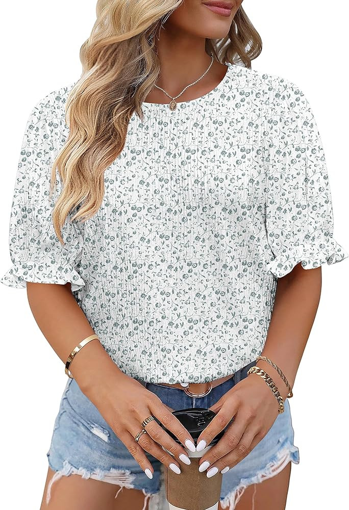 IN'VOLAND Plus Size Women’s Summer Shirt Floral Tops Crewneck Casual Short Sleeve Babydoll Blou... | Amazon (US)