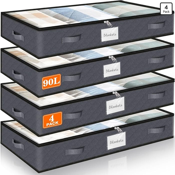 90L Under Bed Storage Containers, Storage Bags, Organizer, 4-Pack, Gray | Amazon (US)