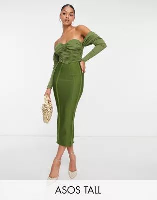 ASOS DESIGN Tall off shoulder bandage corset midi dress in deep olive | ASOS (Global)
