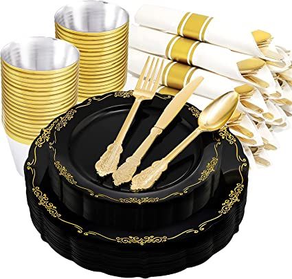 U-QE 175PCS Black Plastic Plates & Pre Rolled Napkins with Gold Cutlery, Gold Plastic Plates for ... | Amazon (US)