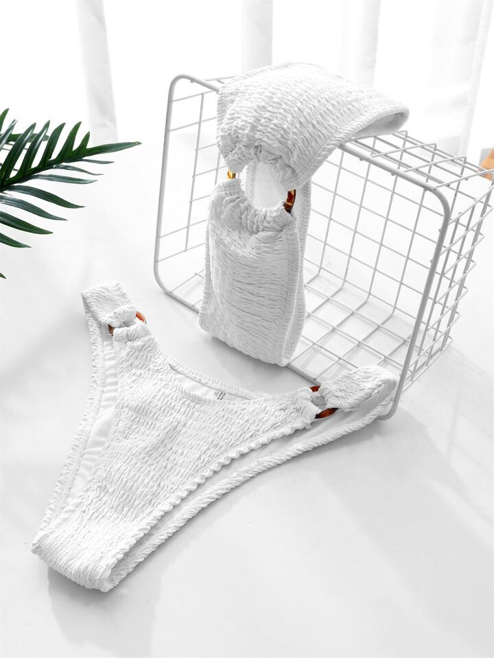 Plain Smocked Ring Linked Bikini Swimsuit | SHEIN