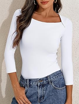 PrettyGuide Women's Square Neck 3/4 Sleeve Crop Tops Lace Trim Cotton T-Shirts Cute Fitted Going ... | Amazon (US)