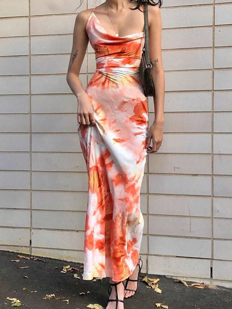 Tie Dye Draped Collar Crisscross Backless Cami Dress | SHEIN