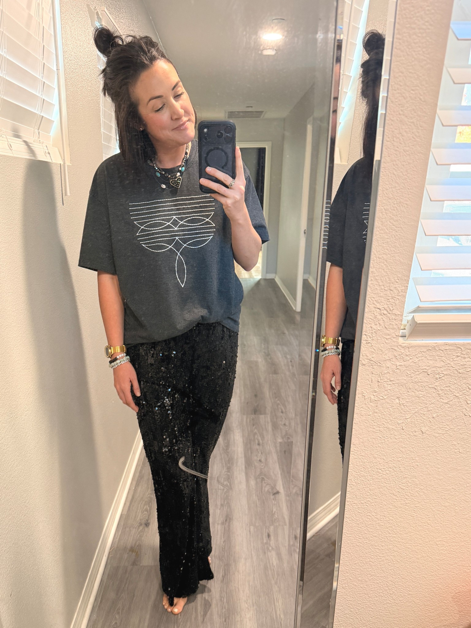 Just trying on those Walmart sequin pants… kind of loving the casual and sparkly! These sequin pants are so comfortable and have length with a boot cut! 

I ended up getting a size medium (normally wearing a 2/4). Can’t wait to style the  for Christmas outfits! 
Western shirt is a size large. 

#LTKSeasonal #LTKmomlife #LTKHoliday