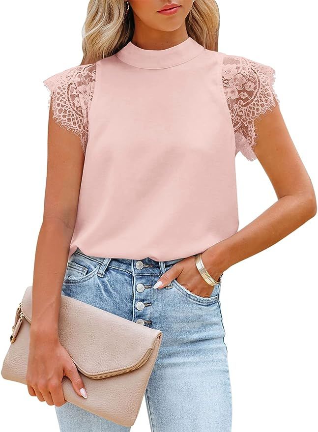 Berryou Women Tops Short Sleeve Lace Satin Mock Neck Blouse Dressy Workwear Elegant Shirts | Amazon (US)