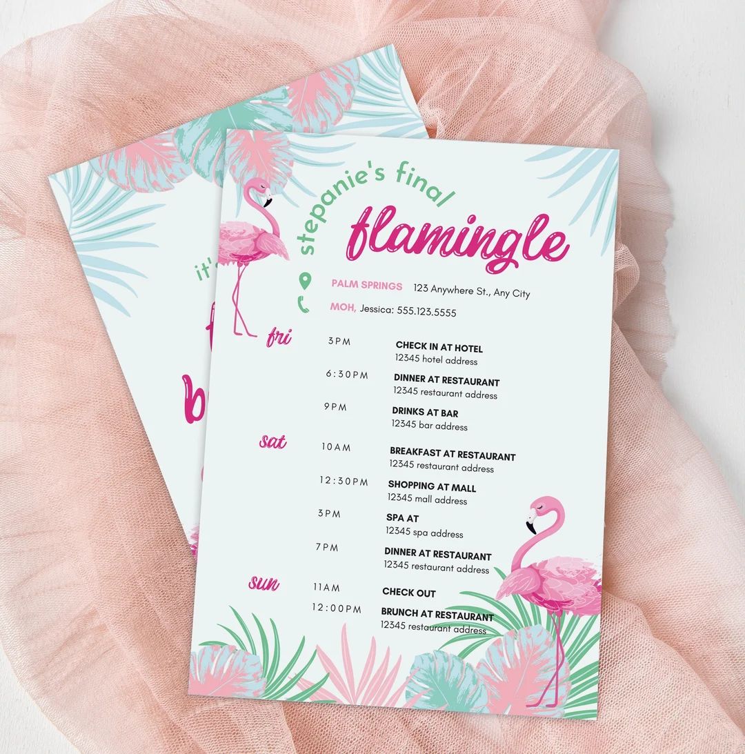 Final Flamingle Flamingo Digital Print Postcard Bachelorette Itinerary Template DIY. Miami, Hawai... | Etsy (US)