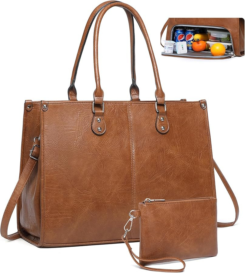 Laptop Tote Bag with Insulated Lunch Compartment for Women Work, PU Leather Lunch Bag with 15.6 I... | Amazon (US)