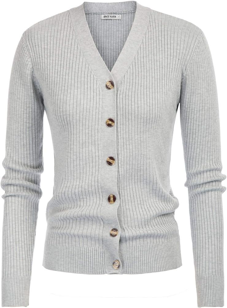 GRACE KARIN Women's Button Down Vee Neck Long Sleeve Rib Knit Cardigan Sweaters | Amazon (US)