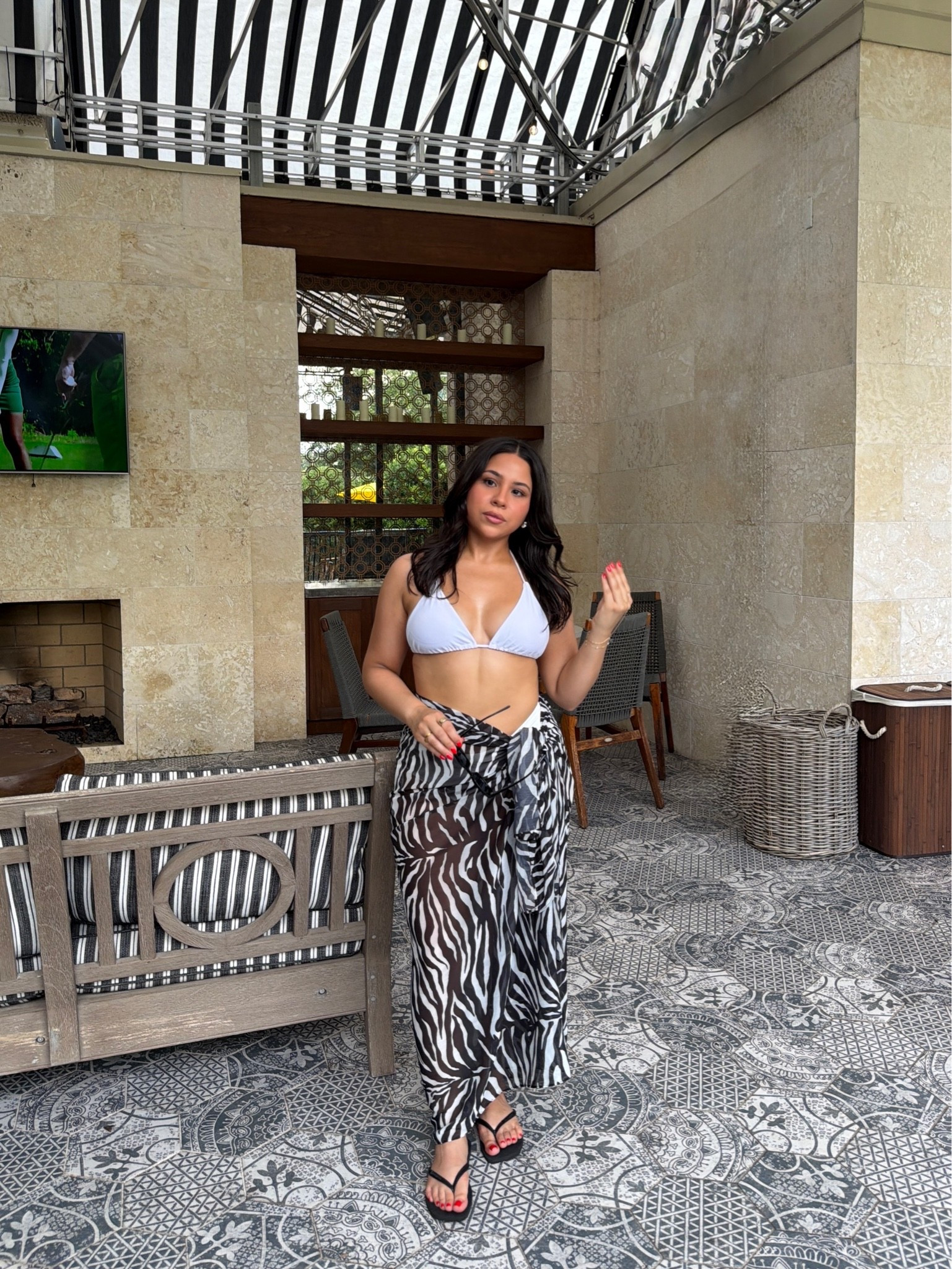 Pool day ootd 
Triangle top: small
White bikini bottoms: small
Flip flops: 36
Zebra print sarong 
Black sunglasses

#LTKootd #LTKdayinmylife #LTKSwim