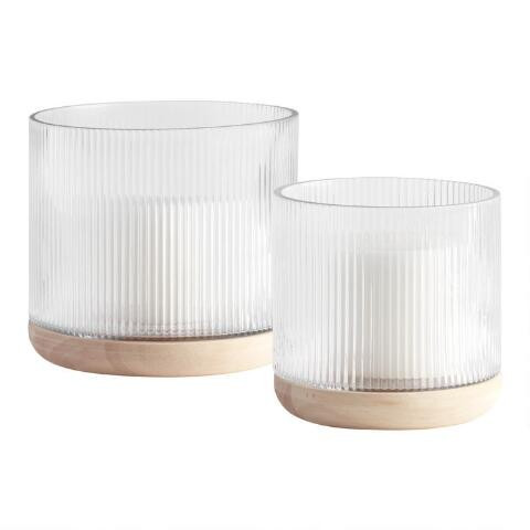 Clear Ribbed Glass Hurricane Candleholder with Wood Base | World Market