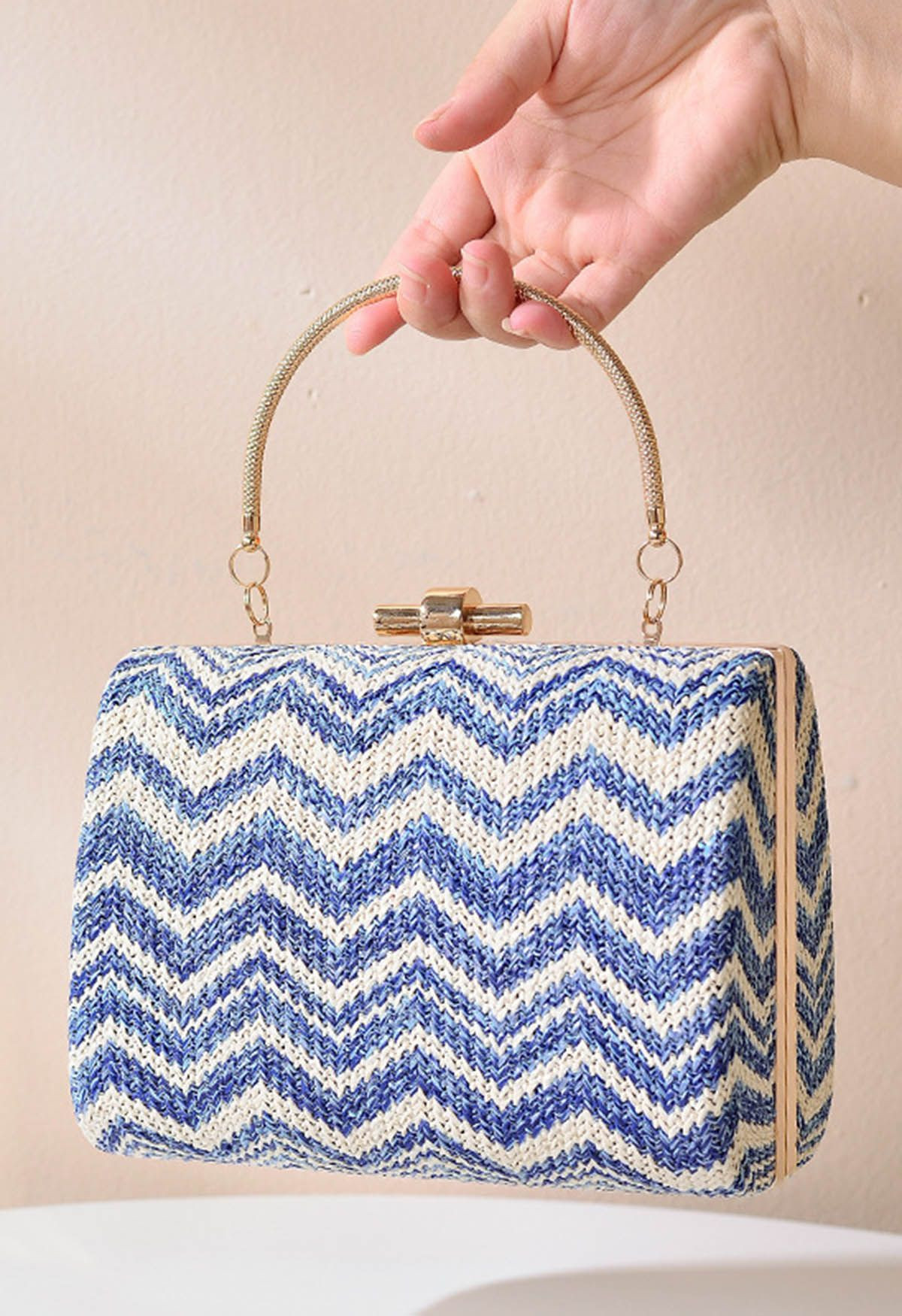 Wavy Line Color Block Woven Handbag in Blue | Chicwish