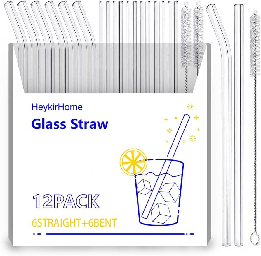HeykirHome 12-Pack Disposable Glass Straw,Size 8.5''x10 MM,Including 6 Straight and 6 Bent with 2... | Amazon (US)