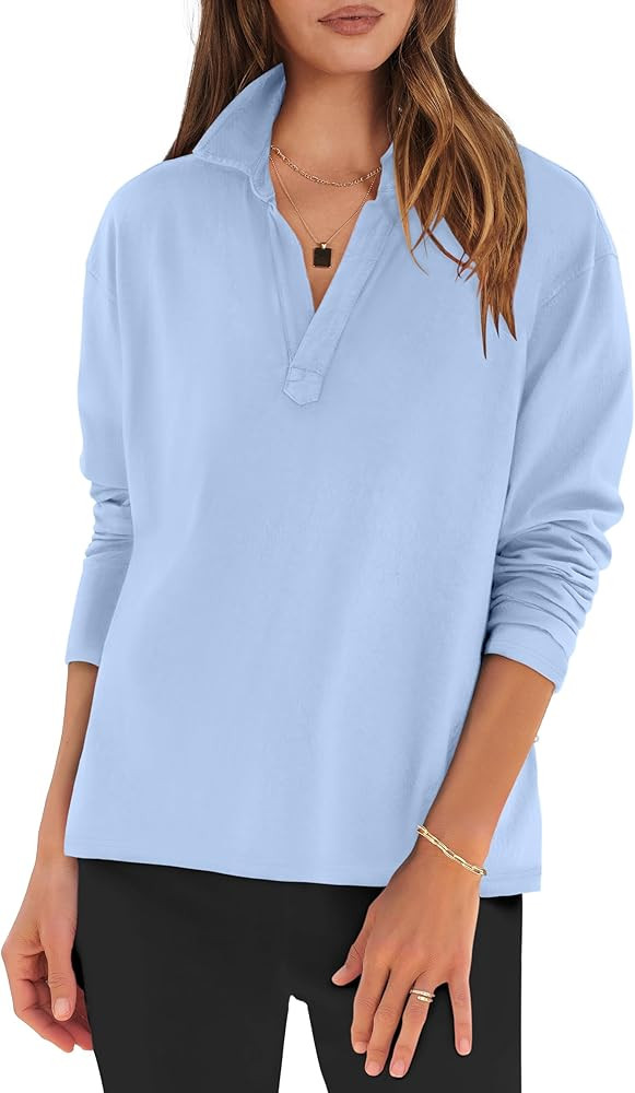 ANRABESS Women Long Sleeve Polo Shirts Casual V Neck Collared Boxy Fit Dressy Work Blouse Top Spr... | Amazon (US)