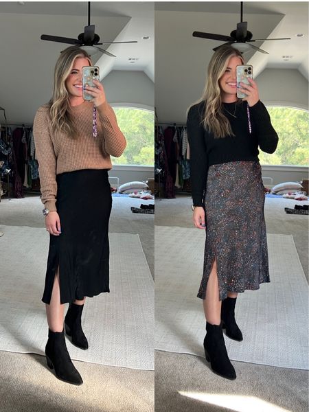 The cutest midi skirts. So so comfy. TTS - M - generous fit in the wasit with stretch) and sweaters TTS - M. Boots TTS 


#LTKSeasonal #LTKworkwear #LTKfindsunder50