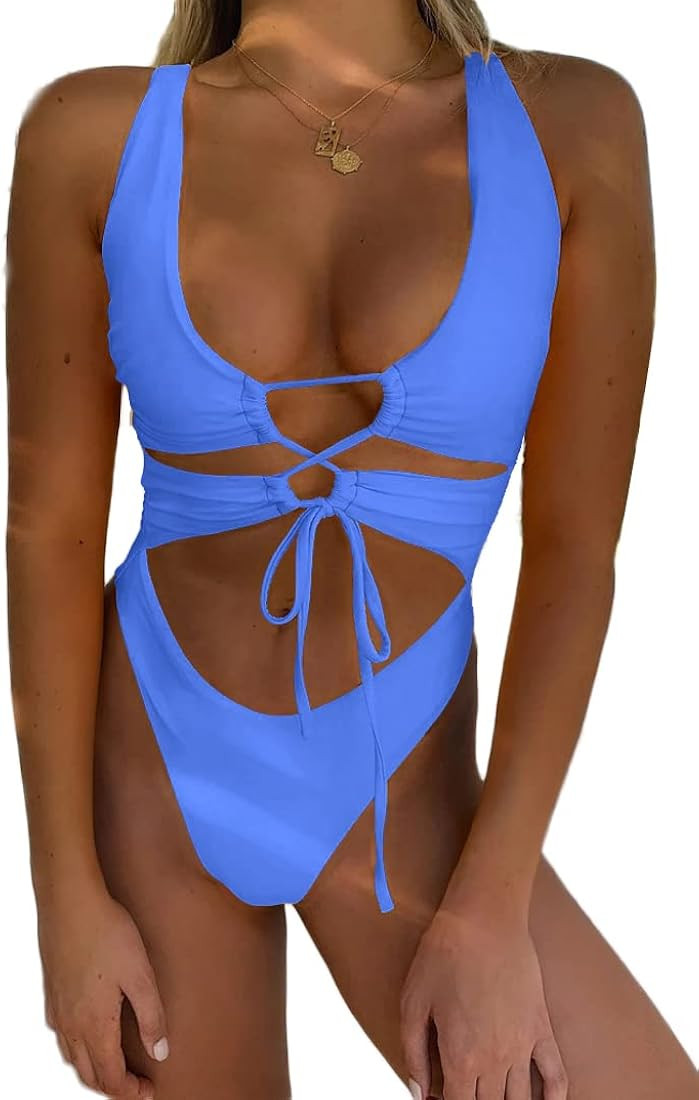 CHYRII Women's Sexy Cutout Lace Up Backless High Cut One Piece Swimsuit Monokini | Amazon (US)