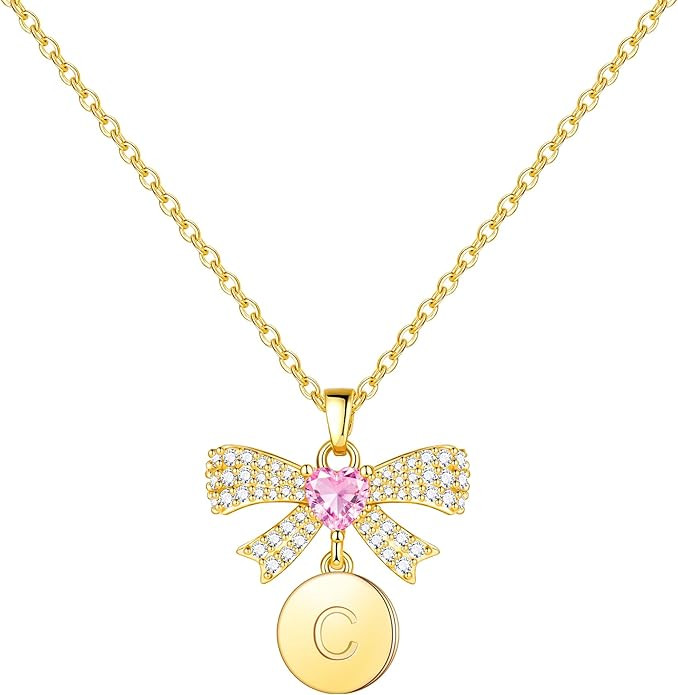 Ritach Easter Basket Stuffers - Real Gold Plated Bow Initial Necklace Pink Heart CZ Bow Necklace ... | Amazon (US)