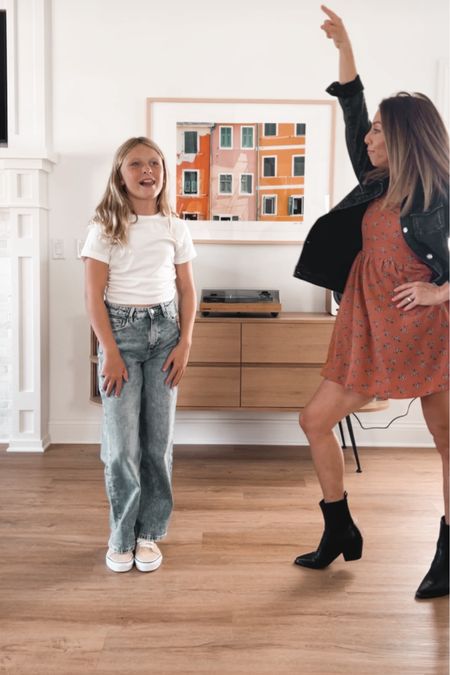 Ellis: 
Side-scrunch top: small
Jeans: 10/11
.
Katie:
Dress: small (fits perfectly)
Boots: size up a half size 

#LTKstyletip #LTKunder50 #LTKkids