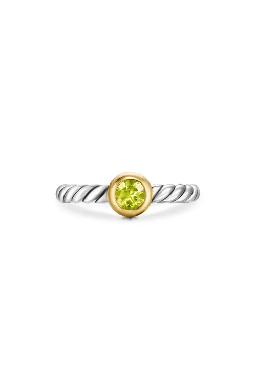 David Yurman Petite Cable Ring in Sterling Silver with 14K Yellow Gold in Sterling Silver/Gold/Peridot at Nordstrom, Size 7 | Nordstrom