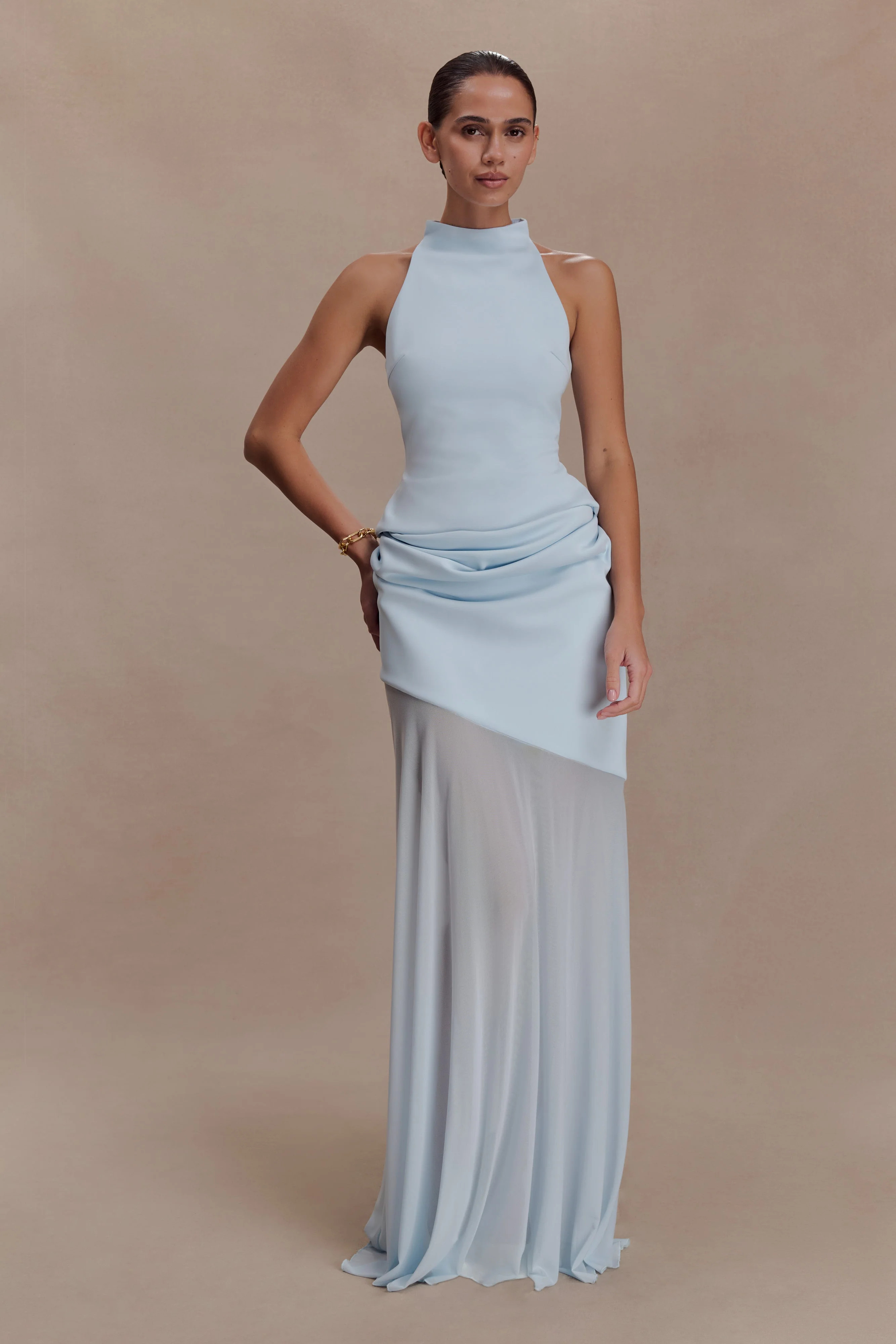 Portia Scuba And Mesh Maxi Skirt - Pale Blue | Meshki UK