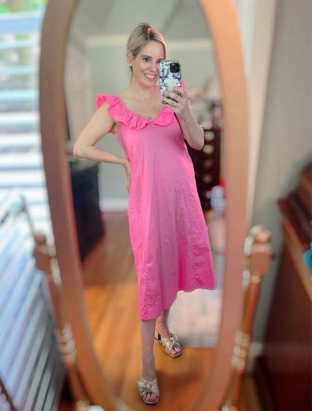 Pink ruffle midi dress, gold sandals 

#LTKOver40 #LTKFindsUnder100 #LTKShoeCrush
