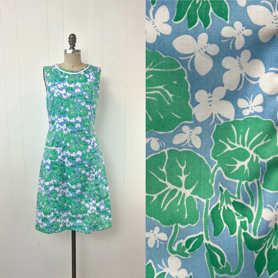 1980s Lilly Pulitzer Butterfly Leaves Novelty Print Blue Green Sun Dress - Etsy | Etsy (US)