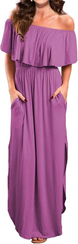 Women's Off Shoulder Summer Casual Long Ruffle Beach Maxi Dress with Pockets | Amazon (US)