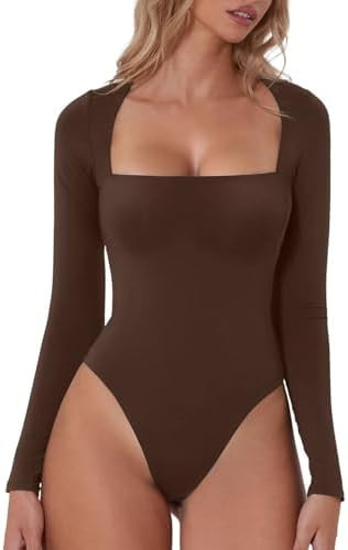 Women's Sexy Square Neck Bodysuit Long Sleeve Double Sh… | Amazon (US)