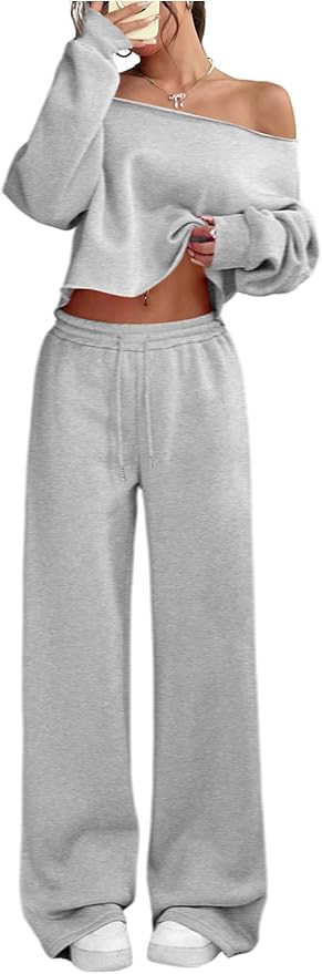 SOLY HUX Women's 2 Piece Outfits Fall Sweatsuits Off The Shoulder Crop Top Wide Leg Sweatpants Ca... | Amazon (US)