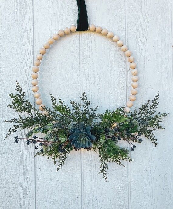 Boho Christmas Succulent Wood Bead Wreath With Blue Berries - Etsy | Etsy (US)