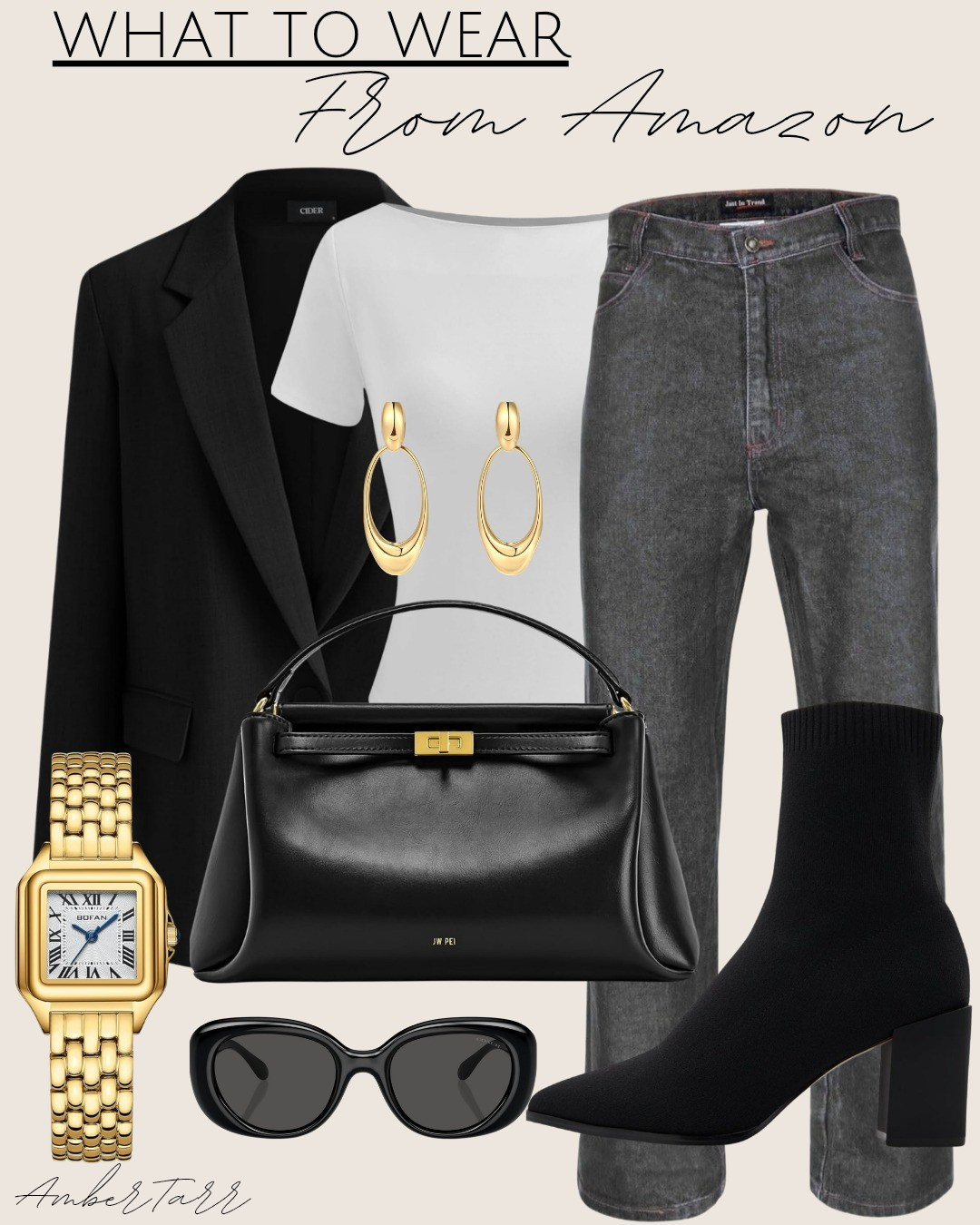 This elevated neutral look pairs a tailored black blazer with a crisp white t-shirt and charcoal denim for a polished yet effortless outfit. The black ankle boots add structure while gold hoop earrings, a vintage-inspired gold watch, and a sleek top-handle bag bring in refined details. An easy, wearable outfit formula that feels timeless, chic, and put together.

#LTKgrwm #LTKOver40 #LTKootd