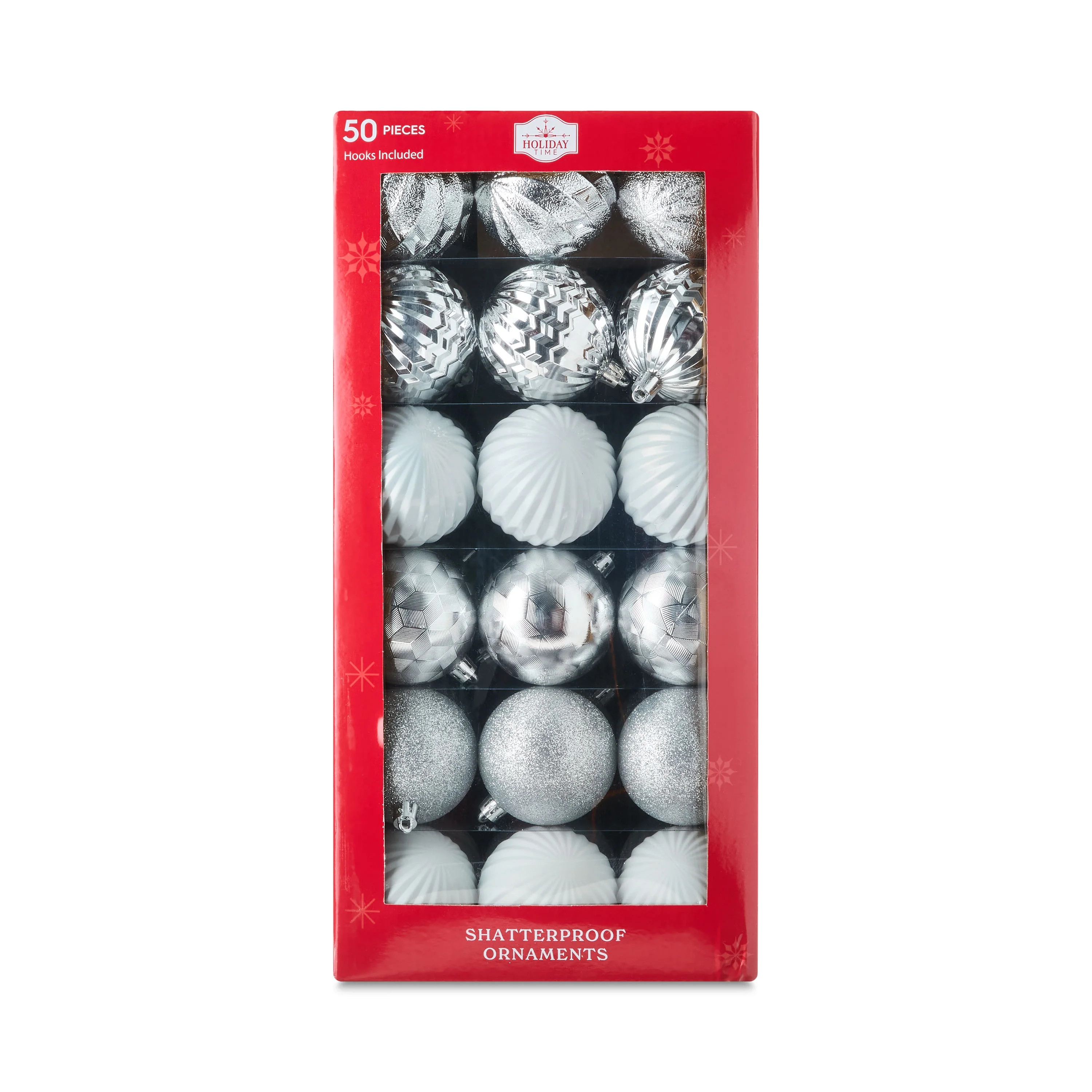 50-Count Silver and White Shatterproof Christmas Ornaments, by Holiday Time | Walmart (US)