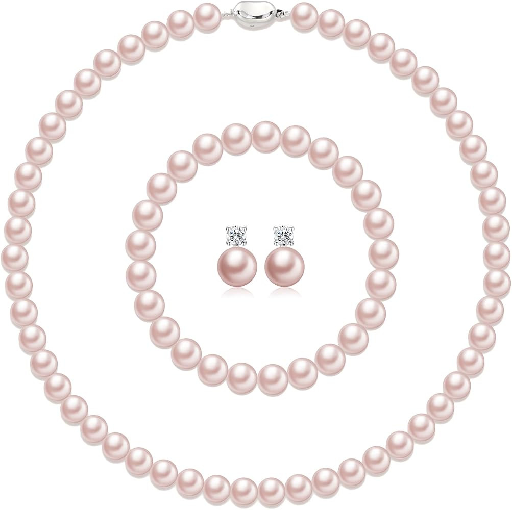 Pearl Necklaces for Women,8mm Pearl Necklace and Earring Bracelet Jewelry Set for Women Men Weddi... | Amazon (US)