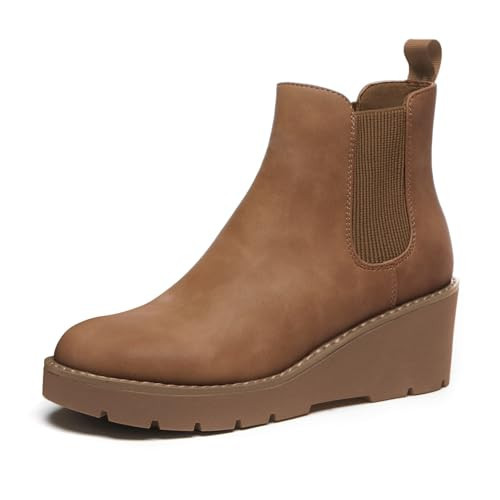 Athlefit Women's Chelsea Wedge Boots Elastic Platform Lug Sole Slip on Wedge Ankle Booties Brown Size 8.5 | Amazon (US)