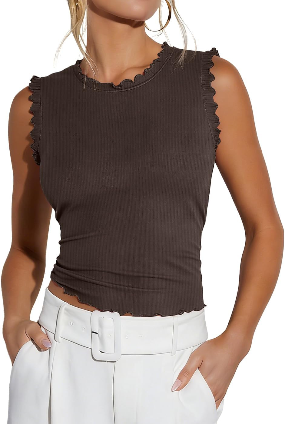 Ezbelle Womens Summer Tank Tops Rib Knit Ruffle Shirts Sleeveless Blouse | Amazon (US)