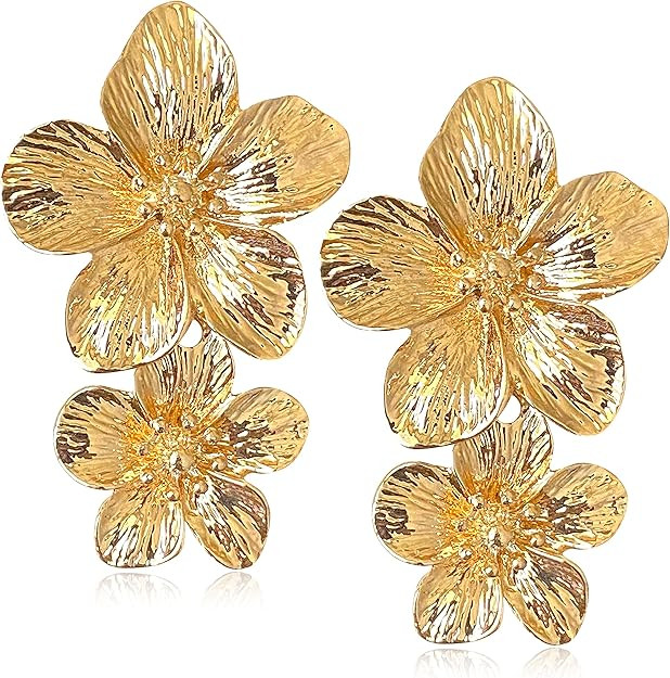 ANDPAI Unique Handmade Bohemian Large Matte Double Yellow Flower Dangle Drop Earrings White Metal... | Amazon (US)