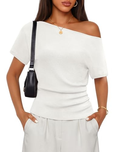 ZESICA Women's Off The Shoulder Short Sleeve Sweater Tops 2026 Summer Casual Ruched Knit Going Ou... | Amazon (US)