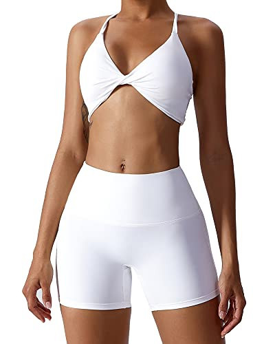 ABOCIW Workout Sets for Women 2 Piece Twist Front Cross Back Sports Bras Halter Yoga Bra Tummy Control High Waist Booty Biker Shorts Exercise Gym Sets White X-Large | Amazon (US)