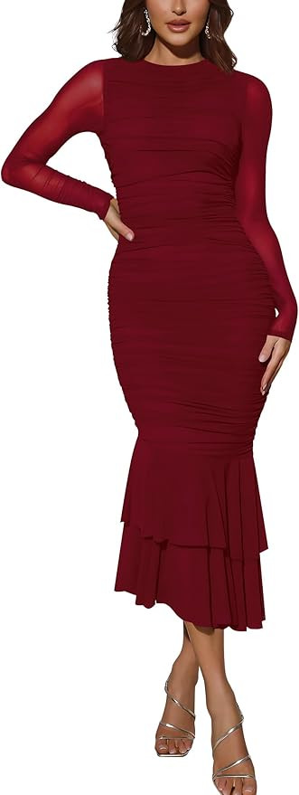 Atizon Elegant Ruched Bodycon Evening Dresses for Women Cocktail Party Formal Maxi Mermaid Dress | Amazon (US)