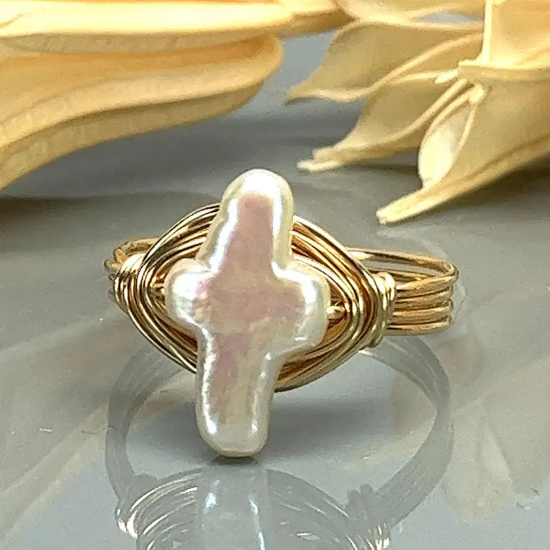 White Pearl Cross Wire Wrapped Ring - Sterling Silver, Yellow, or Rose Gold Filled- Custom Sizes ... | Etsy (US)
