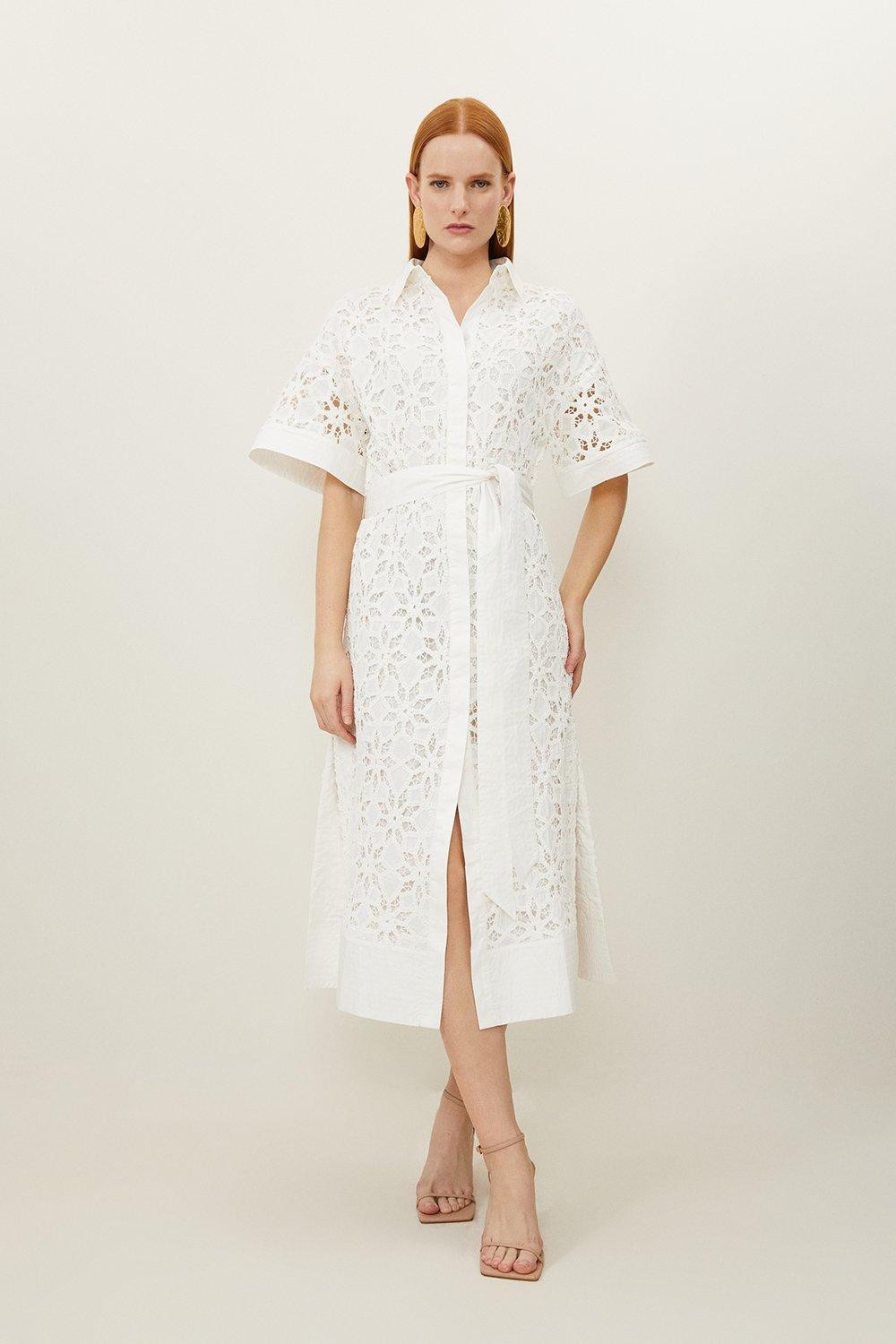 Crafted Cotton Embroidery Woven Shirt Midi Dress | Karen Millen US