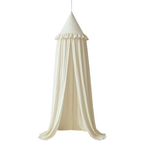 Wonder Space Kids Bed Canopy with Ruffles, Pastel Neutral Color for Boys & Girls, Frilled Cotton Tent Nursery Room Baby Crib Hanging Curtain Mosquito Netting Children Reading Nook Decoration (Ivory) | Amazon (US)