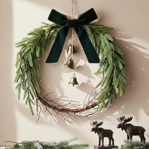 12 Inch Christmas Norfolk Pine Wreath with Velvet Ribbon Twig and Hanging Bells Christmas Wreath ... | Amazon (US)