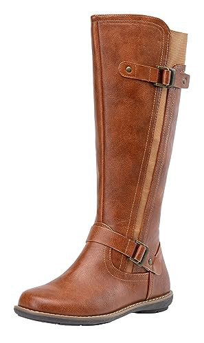 Jeossy Women's 9656 Knee-High Boots Brown Fashion Riding Boots with Buckle Size 9.5 (DJY9656 brown 09.5) | Amazon (US)