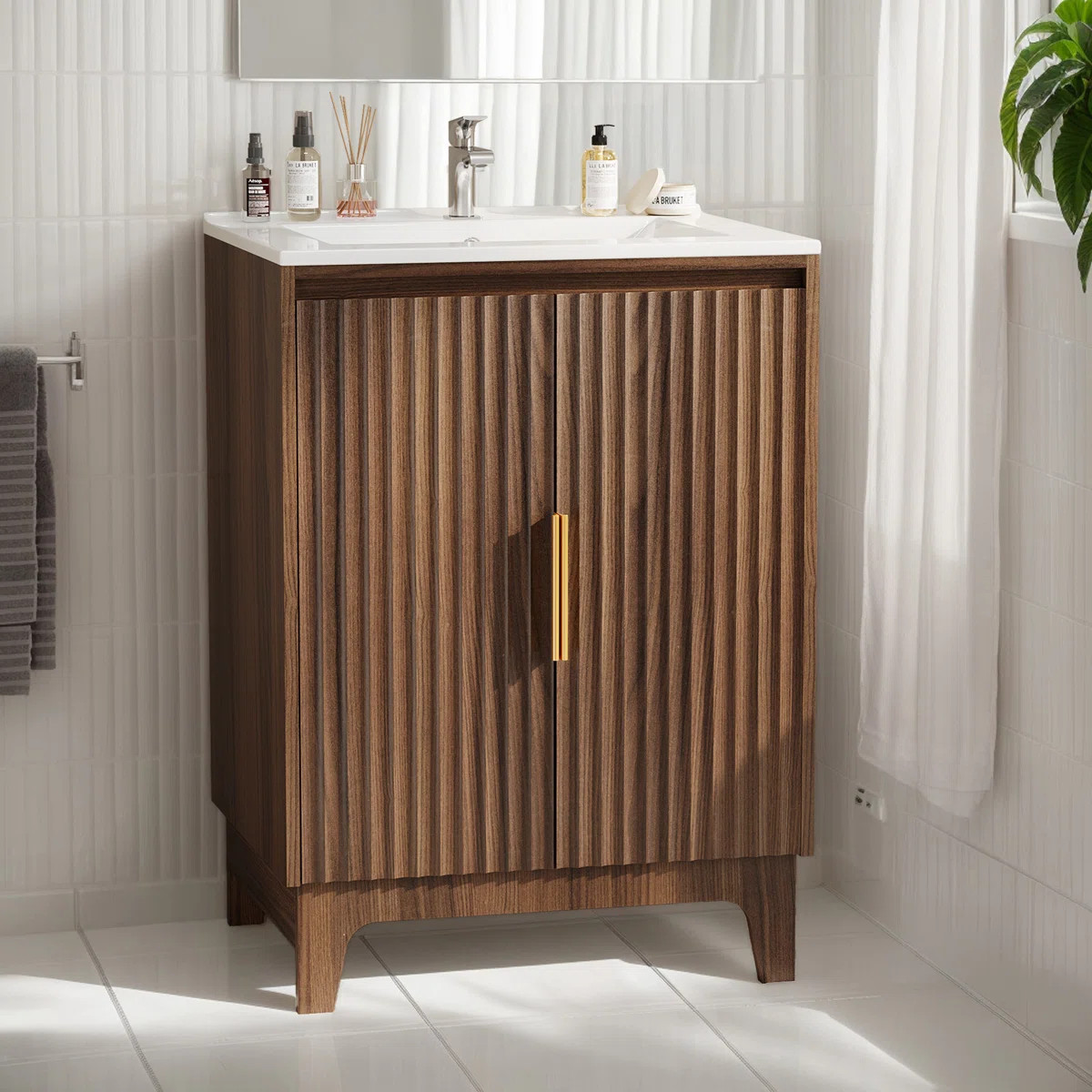 24'' Bathroom Vanity Basin Walnut U-Shelf With Ceramic Top | Wayfair North America