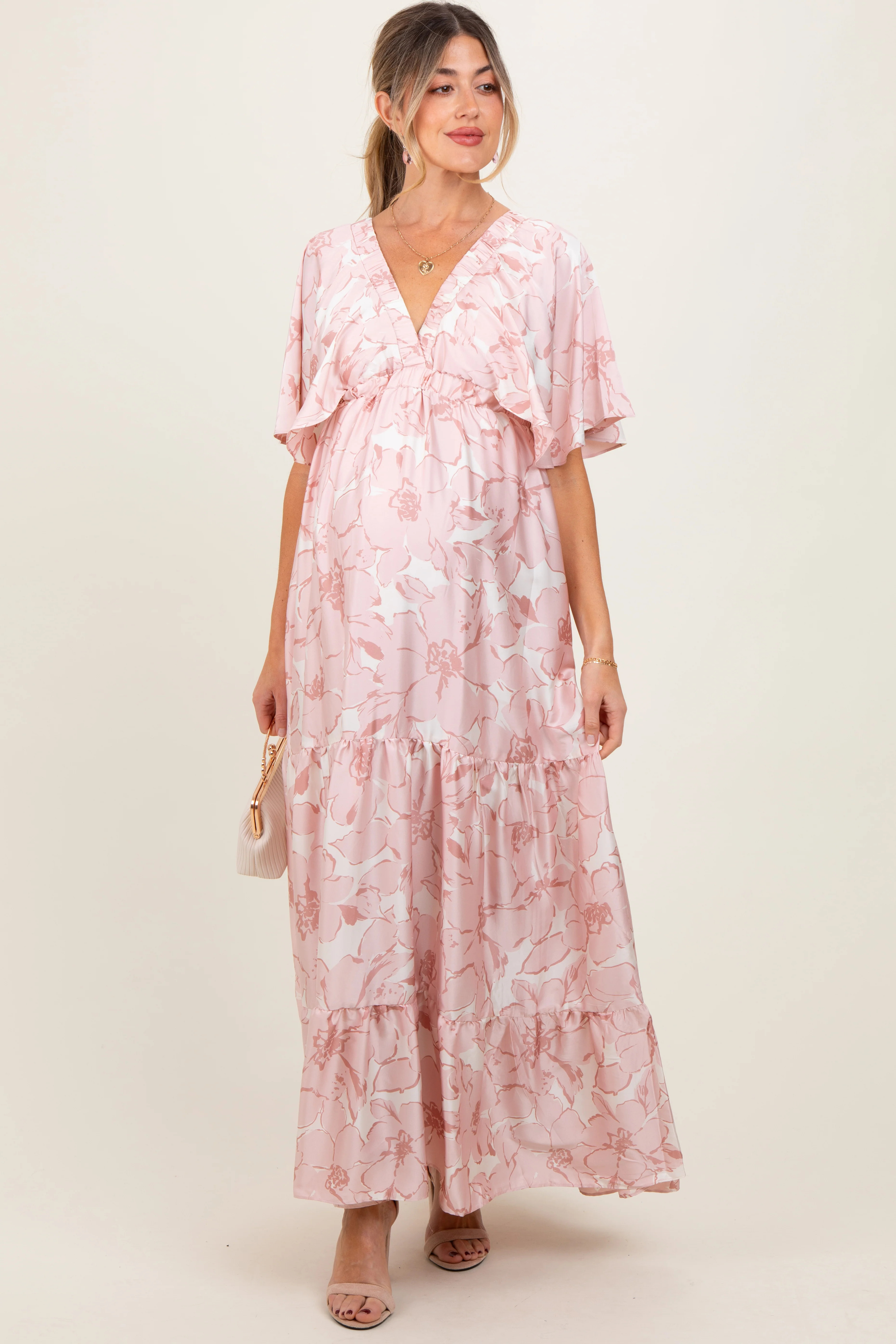 Pink Floral Short Sleeve Deep V-Neck Tiered Maternity Maxi Dress | PinkBlush Maternity