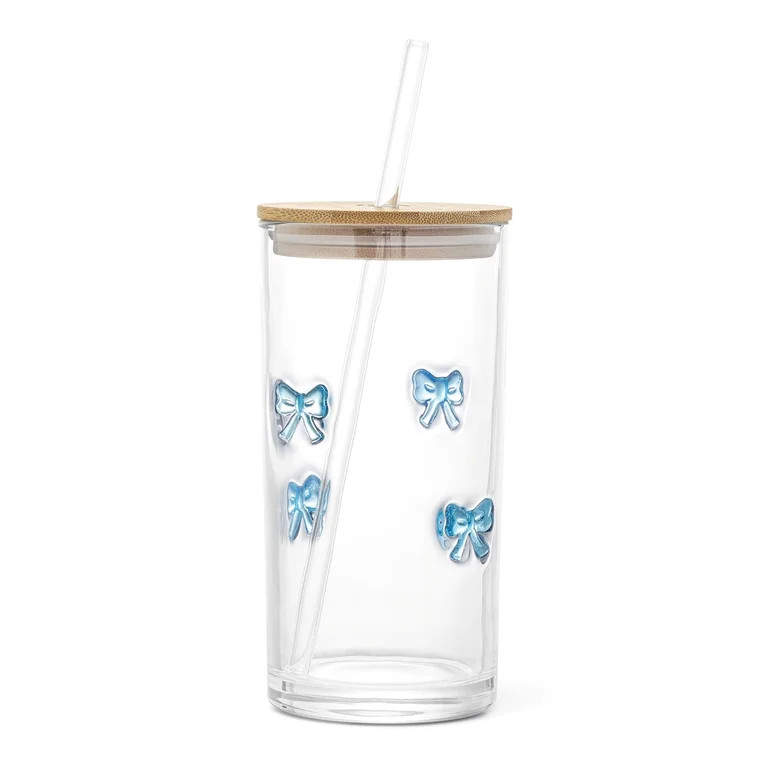 Thyme & Table 17 fl oz Blue Bow Charm Sipper with Glass Straw and Wood Lid | Walmart (US)
