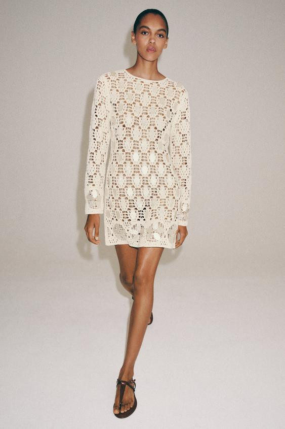 Zara - Beaded Open-Knit Dress - Ecru - M - Woman | Zara US