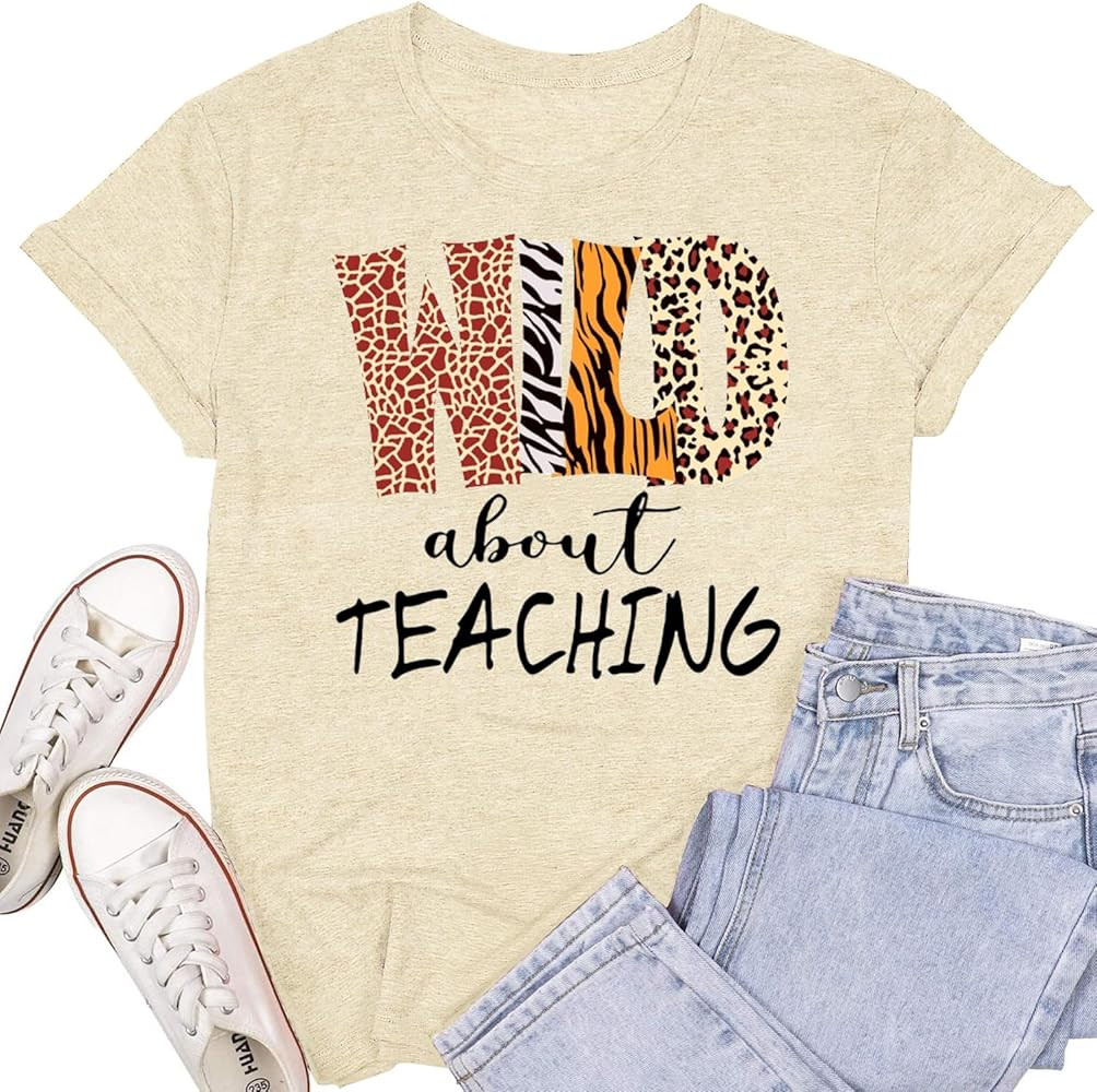 Womens Teacher Shirts Wild About Teaching Leopard Print T-Shirt Teacher Life Tee Top | Amazon (US)